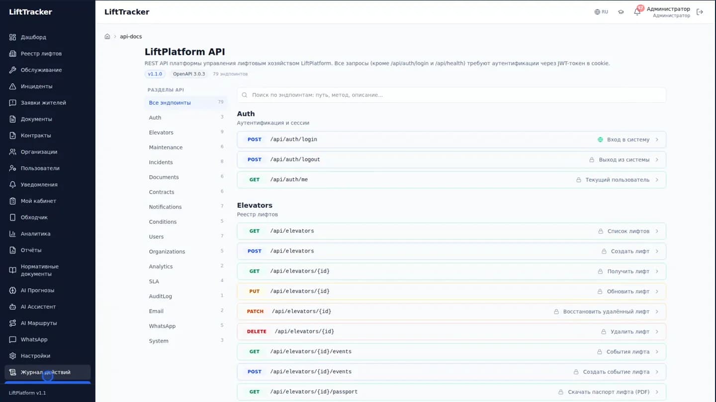 LiftTracker: документация API для обмена данными об оборудовании и работах